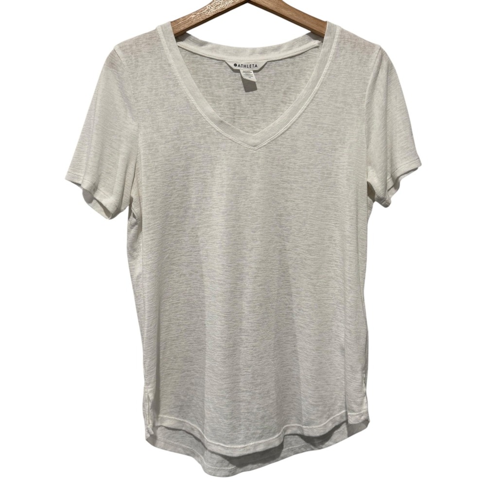 Athleta Womens Breezy Scoop V-Neck Tee Women Sz M White Slub Short Sleeve Casual